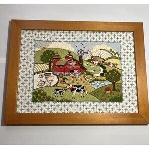 Sunset Stitchery #2414 Down On The Farm Crewel Embroidery Kit Completed Framed